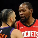 Apr 7, 2026; Phoenix, Arizona, USA; Houston Rockets forward Kevin Durant (7) argues with Phoenix Suns forward Dillon Brooks (3) in the first half at Mortgage Matchup Center. Mandatory Credit: Mark J. Rebilas-Imagn Images