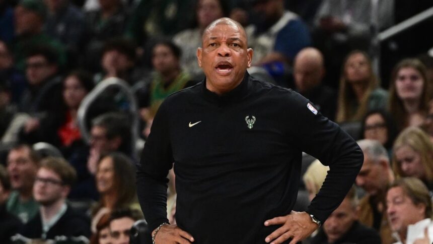 Apr 3, 2026; Milwaukee, Wisconsin, USA; Milwaukee Bucks head coach Doc Rivers looks on in the second quarter against the Boston Celtics at Fiserv Forum. Mandatory Credit: Benny Sieu-Imagn Images