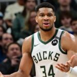 Mar 13, 2025; Milwaukee, Wisconsin, USA: Milwaukee Bucks forward Giannis Antetokounmpo (34) reacts in the third quarter against the Los Angeles Lakers at Fiserv Forum. Mandatory Credit: Benny Sieu-Imagn Images