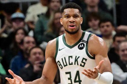 Mar 13, 2025; Milwaukee, Wisconsin, USA: Milwaukee Bucks forward Giannis Antetokounmpo (34) reacts in the third quarter against the Los Angeles Lakers at Fiserv Forum. Mandatory Credit: Benny Sieu-Imagn Images
