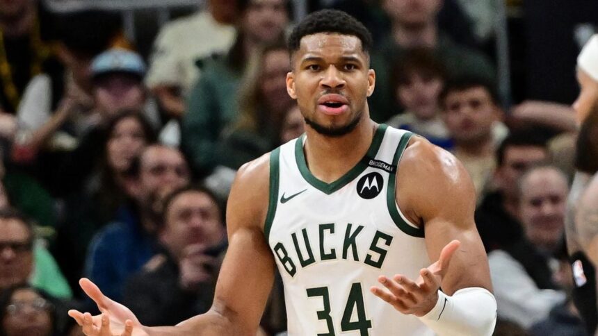 Mar 13, 2025; Milwaukee, Wisconsin, USA: Milwaukee Bucks forward Giannis Antetokounmpo (34) reacts in the third quarter against the Los Angeles Lakers at Fiserv Forum. Mandatory Credit: Benny Sieu-Imagn Images
