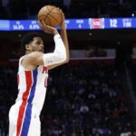 Feb 25, 2026; Detroit, Michigan, USA; Detroit Pistons forward Tobias Harris (12) shoots in the first half against the Oklahoma City Thunder at Little Caesars Arena. Mandatory Credit: Rick Osentoski-Imagn Images