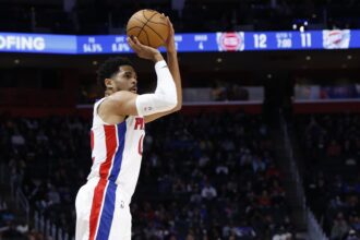 Feb 25, 2026; Detroit, Michigan, USA; Detroit Pistons forward Tobias Harris (12) shoots in the first half against the Oklahoma City Thunder at Little Caesars Arena. Mandatory Credit: Rick Osentoski-Imagn Images