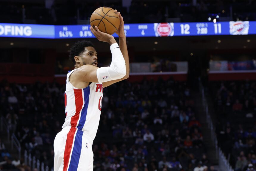 Feb 25, 2026; Detroit, Michigan, USA; Detroit Pistons forward Tobias Harris (12) shoots in the first half against the Oklahoma City Thunder at Little Caesars Arena. Mandatory Credit: Rick Osentoski-Imagn Images