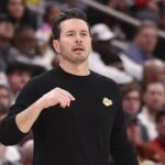 Mar 16, 2026; Houston, Texas, USA; Los Angeles Lakers head coach JJ Redick reacts during a play in the third quarter against the Houston Rockets at Toyota Center. Mandatory Credit: Troy Taormina-Imagn Images