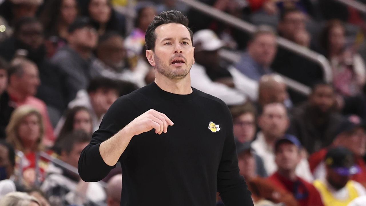Mar 16, 2026; Houston, Texas, USA; Los Angeles Lakers head coach JJ Redick reacts during a play in the third quarter against the Houston Rockets at Toyota Center. Mandatory Credit: Troy Taormina-Imagn Images