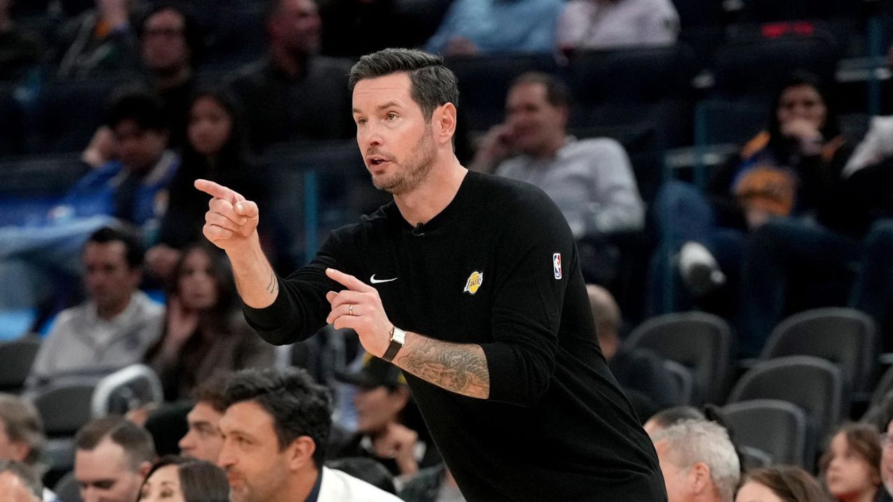 Apr 9, 2026; San Francisco, California, USA; Los Angeles Lakers head coach JJ Redick instructs his team against the Golden State Warriors in the fourth quarter at the Chase Center. Mandatory Credit: Cary Edmondson-Imagn Images