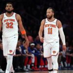NEW YORK, NEW YORK - APRIL 19: Jalen Brunson #11 and Karl-Anthony Towns #32 of the New York Knicks in action in Game One of the Eastern Conference First Round NBA Playoffs against the Detroit Pistons at Madison Square Garden on April 19, 2025 in New York City. (Photo by Sarah Stier/Getty Images)
