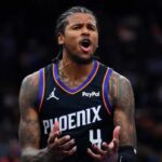 Suns guard Jalen Green (4) reacts after a no-call on his layup against the Bucks during a game at the Mortgage Matchup Center in Phoenix, on March 21, 2026.