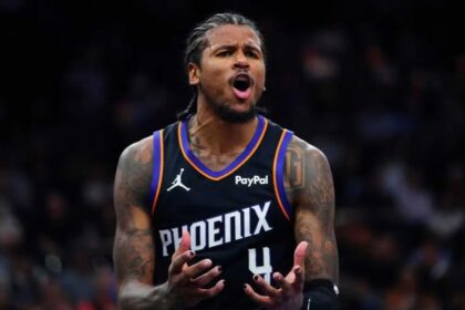 Suns guard Jalen Green (4) reacts after a no-call on his layup against the Bucks during a game at the Mortgage Matchup Center in Phoenix, on March 21, 2026.