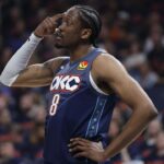 Apr 22, 2026; Oklahoma City, Oklahoma, USA; Oklahoma City Thunder guard Jalen Williams (8) gestures to his team before a play against the Phoenix Suns in the first half during game two of the first round of the 2026 NBA Playoffs at Paycom Center. Mandatory Credit: Alonzo Adams-Imagn Images