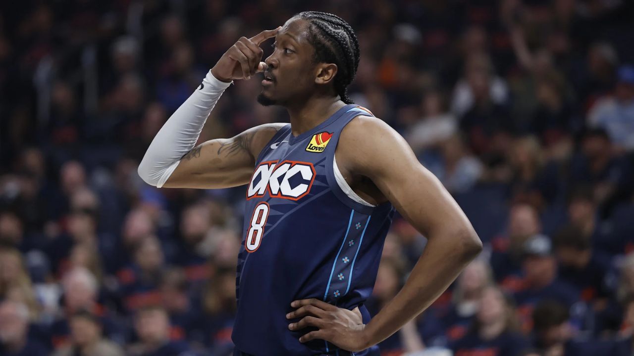 Apr 22, 2026; Oklahoma City, Oklahoma, USA; Oklahoma City Thunder guard Jalen Williams (8) gestures to his team before a play against the Phoenix Suns in the first half during game two of the first round of the 2026 NBA Playoffs at Paycom Center. Mandatory Credit: Alonzo Adams-Imagn Images