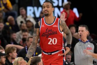 John Collins in action for the Clippers. Mandatory Credit: Jayne Kamin-Oncea -Imagn Images