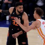 Apr 28, 2026; New York, New York, USA; New York Knicks center Karl-Anthony Towns (32) controls the ball against Atlanta Hawks guard Dyson Daniels (5) during the first quarter of game five of the first round of the 2026 NBA Playoffs at Madison Square Garden. Mandatory Credit: Brad Penner-Imagn Images