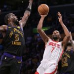 Apr 21, 2026; Los Angeles, California, USA; Houston Rockets forward Kevin Durant (7) is defended by Los Angeles Lakers center Deandre Ayton (5) as he drives to the basket during the second half of game two of the first round of the 2026 NBA Playoffs at Crypto.com Arena. Mandatory Credit: Jayne Kamin-Oncea-Imagn Images