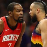 Apr 7, 2026; Phoenix, Arizona, USA; Houston Rockets forward Kevin Durant (7) argues with Phoenix Suns forward Dillon Brooks (3) in the first half at Mortgage Matchup Center. Mandatory Credit: Mark J. Rebilas-Imagn Images