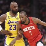 Mar 16, 2026; Houston, Texas, USA; Houston Rockets forward Kevin Durant (7) dribbles the ball as Los Angeles Lakers forward LeBron James (23) defends during the first quarter at Toyota Center. Mandatory Credit: Troy Taormina-Imagn Images