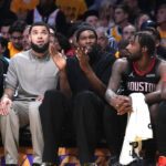 Apr 18, 2026; Los Angeles, California, USA; Houston Rockets forward Kevin Durant (center) watches from the bench against the Los Angeles Lakers in the first half during game one of the first round of the 2026 NBA Playoffs at Crypto.com Arena. Mandatory Credit: Kirby Lee-Imagn Images