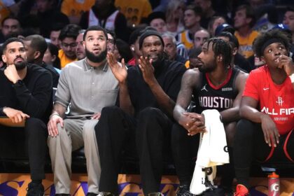 Apr 18, 2026; Los Angeles, California, USA; Houston Rockets forward Kevin Durant (center) watches from the bench against the Los Angeles Lakers in the first half during game one of the first round of the 2026 NBA Playoffs at Crypto.com Arena. Mandatory Credit: Kirby Lee-Imagn Images