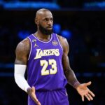 Mar 27, 2026; Los Angeles, California, USA; Los Angeles Lakers forward LeBron James (23) reacts during the first half against the Brooklyn Nets at Crypto.com Arena. Mandatory Credit: William Liang-Imagn Images