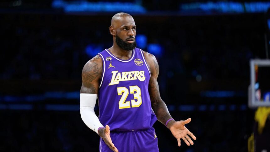 Mar 27, 2026; Los Angeles, California, USA; Los Angeles Lakers forward LeBron James (23) reacts during the first half against the Brooklyn Nets at Crypto.com Arena. Mandatory Credit: William Liang-Imagn Images