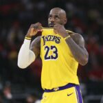 Apr 24, 2026; Houston, Texas, USA; Los Angeles Lakers forward LeBron James (23) looks up during the fourth quarter against the Houston Rockets during game three of the first round of the 2026 NBA Playoffs at Toyota Center. Mandatory Credit: Troy Taormina-Imagn Images