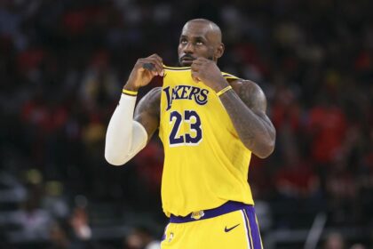 Apr 24, 2026; Houston, Texas, USA; Los Angeles Lakers forward LeBron James (23) looks up during the fourth quarter against the Houston Rockets during game three of the first round of the 2026 NBA Playoffs at Toyota Center. Mandatory Credit: Troy Taormina-Imagn Images