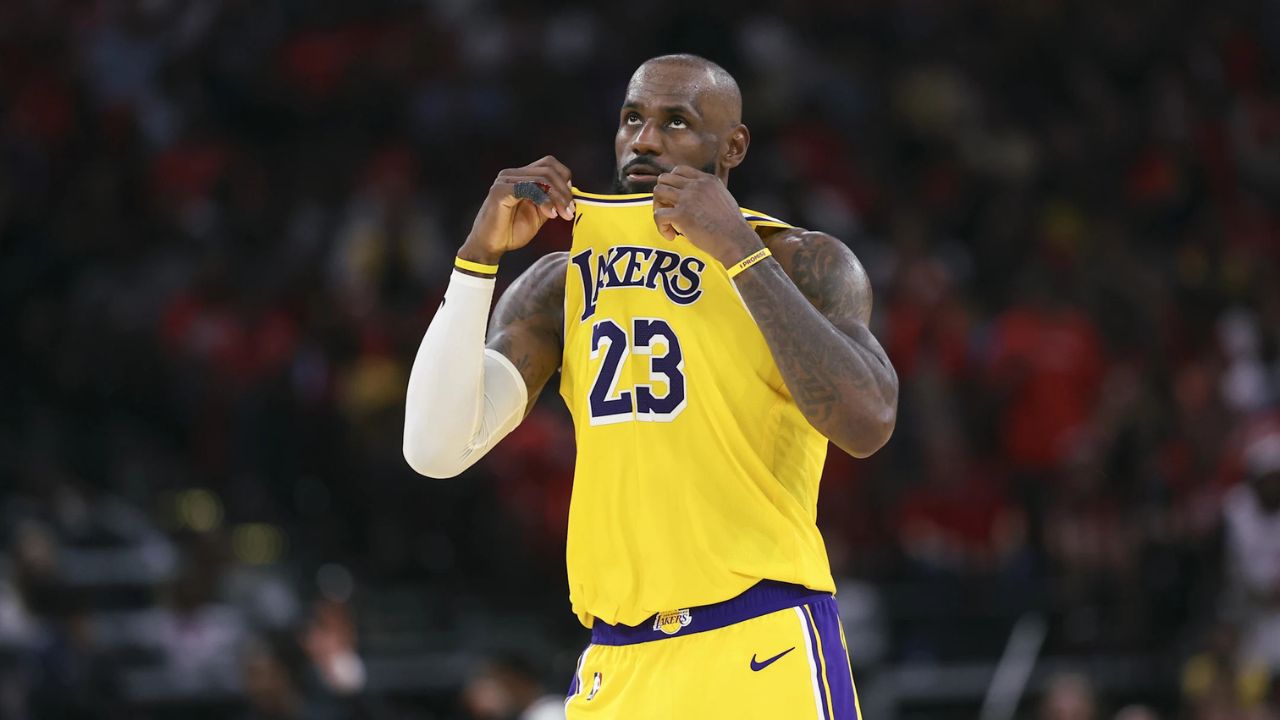 Apr 24, 2026; Houston, Texas, USA; Los Angeles Lakers forward LeBron James (23) looks up during the fourth quarter against the Houston Rockets during game three of the first round of the 2026 NBA Playoffs at Toyota Center. Mandatory Credit: Troy Taormina-Imagn Images