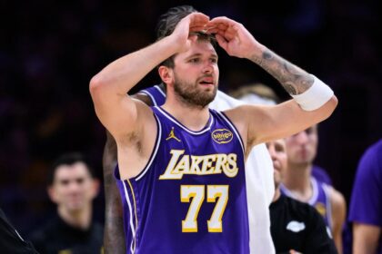 Mar 27, 2026; Los Angeles, California, USA; Los Angeles Lakers guard Luka Doncic (77) reacts during the second half against the Brooklyn Nets at Crypto.com Arena. Mandatory Credit: William Liang-Imagn ImagesMar 27, 2026; Los Angeles, California, USA; Los Angeles Lakers guard Luka Doncic (77) reacts during the second half against the Brooklyn Nets at Crypto.com Arena. Mandatory Credit: William Liang-Imagn Images