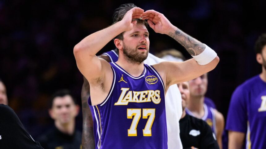Mar 27, 2026; Los Angeles, California, USA; Los Angeles Lakers guard Luka Doncic (77) reacts during the second half against the Brooklyn Nets at Crypto.com Arena. Mandatory Credit: William Liang-Imagn ImagesMar 27, 2026; Los Angeles, California, USA; Los Angeles Lakers guard Luka Doncic (77) reacts during the second half against the Brooklyn Nets at Crypto.com Arena. Mandatory Credit: William Liang-Imagn Images