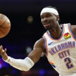 Mar 23, 2026; Philadelphia, Pennsylvania, USA; Oklahoma City Thunder guard Shai Gilgeous-Alexander (2) passes the ball against the Philadelphia 76ers during the third quarter at Xfinity Mobile Arena. Mandatory Credit: Bill Streicher-Imagn Images