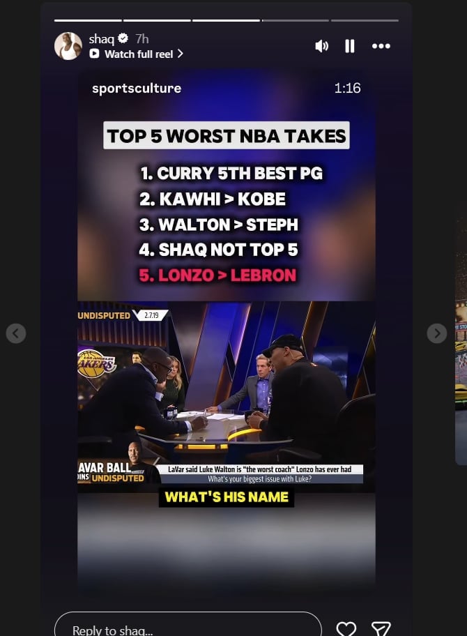 Shaquille O’Neal Reveals The 5 Worst NBA Takes: “Lonzo Better Than LeBron, Walton Better Than Steph”