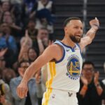 Apr 5, 2026; San Francisco, California, USA; Golden State Warriors guard Stephen Curry (30) reacts after making a three point basket against the Houston Rockets in the first quarter at the Chase Center. Mandatory Credit: Cary Edmondson-Imagn Images