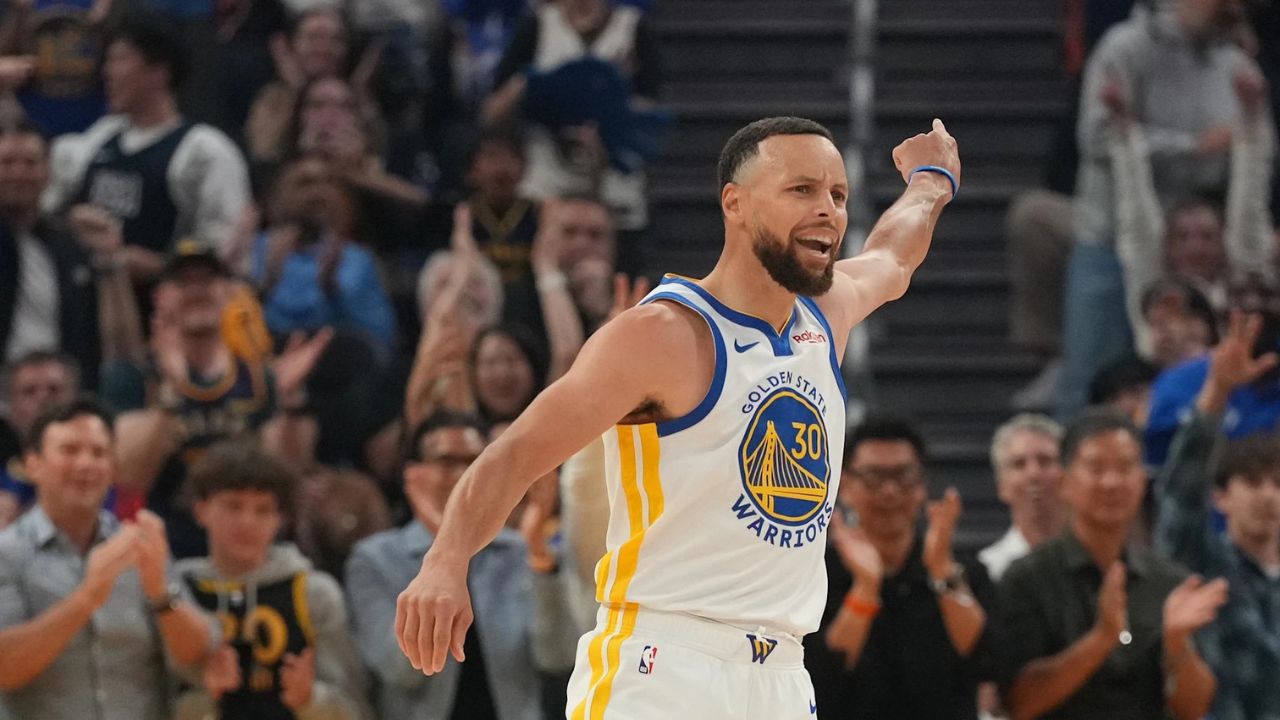 Apr 5, 2026; San Francisco, California, USA; Golden State Warriors guard Stephen Curry (30) reacts after making a three point basket against the Houston Rockets in the first quarter at the Chase Center. Mandatory Credit: Cary Edmondson-Imagn Images
