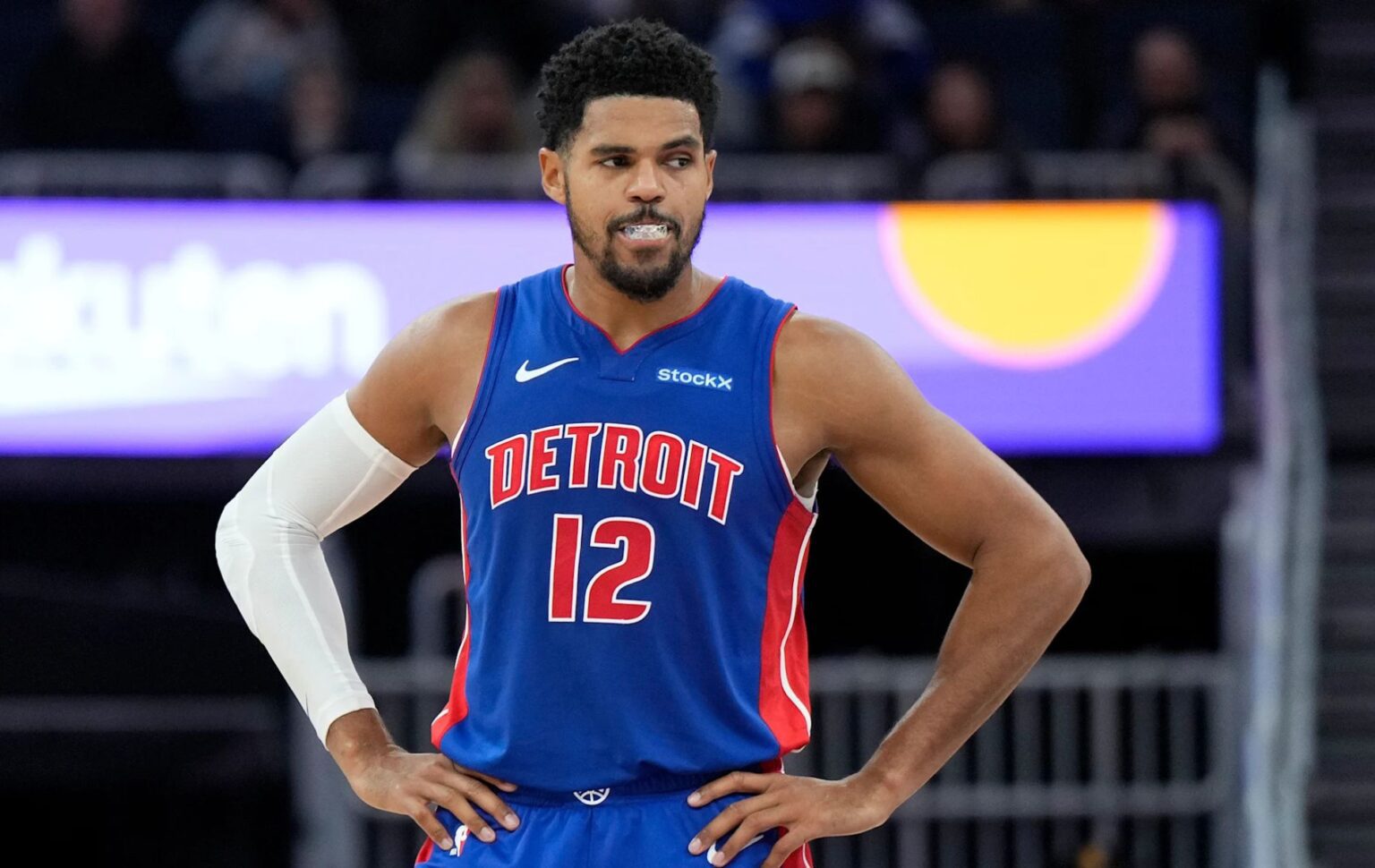 Tobias Harris looks on during a Pistons' game. Mandatory Credit: Thearon W. Henderson - Getty Images