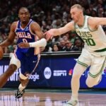 Apr 19, 2026; Boston, Massachusetts, USA; Philadelphia 76ers guard Tyrese Maxey (0) controls the ball while Boston Celtics forward Sam Hauser (30) defends in the first half during game one of the first round of the 2026 NBA Playoffs at TD Garden. Mandatory Credit: Bob DeChiara-Imagn Images