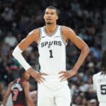 Mar 30, 2026; San Antonio, Texas, USA; San Antonio Spurs forward Victor Wembanyama (1) looks up in the first half against the Chicago Bulls at Frost Bank Center. Mandatory Credit: Daniel Dunn-Imagn Images