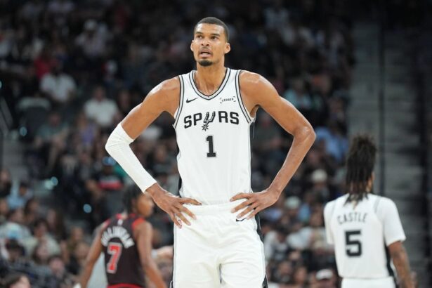 Mar 30, 2026; San Antonio, Texas, USA; San Antonio Spurs forward Victor Wembanyama (1) looks up in the first half against the Chicago Bulls at Frost Bank Center. Mandatory Credit: Daniel Dunn-Imagn Images
