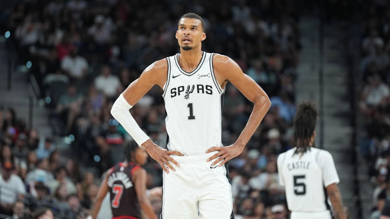 Mar 30, 2026; San Antonio, Texas, USA; San Antonio Spurs forward Victor Wembanyama (1) looks up in the first half against the Chicago Bulls at Frost Bank Center. Mandatory Credit: Daniel Dunn-Imagn Images
