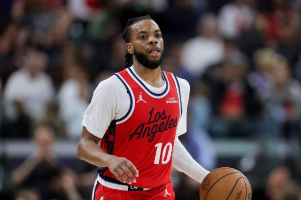 INGLEWOOD, CALIFORNIA - MARCH 14: Darius Garland #10 of the Los Angeles Clippers dribbles during an NBA game against the Sacramento Kings at Intuit Dome on March 14, 2026 in Inglewood, California. NOTE TO USER: User expressly acknowledges and agrees that, by downloading and or using this photograph, User is consenting to the terms and conditions of the Getty Images License Agreement. (Photo by Ryan Sun/Getty Images)