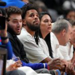 Recording artist J. Cole attends game three of the 2023 NBA Finals between the Miami Heat and Denver Nuggets at Kaseya Center.
