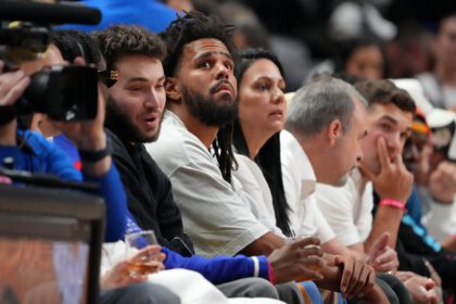 Recording artist J. Cole attends game three of the 2023 NBA Finals between the Miami Heat and Denver Nuggets at Kaseya Center.