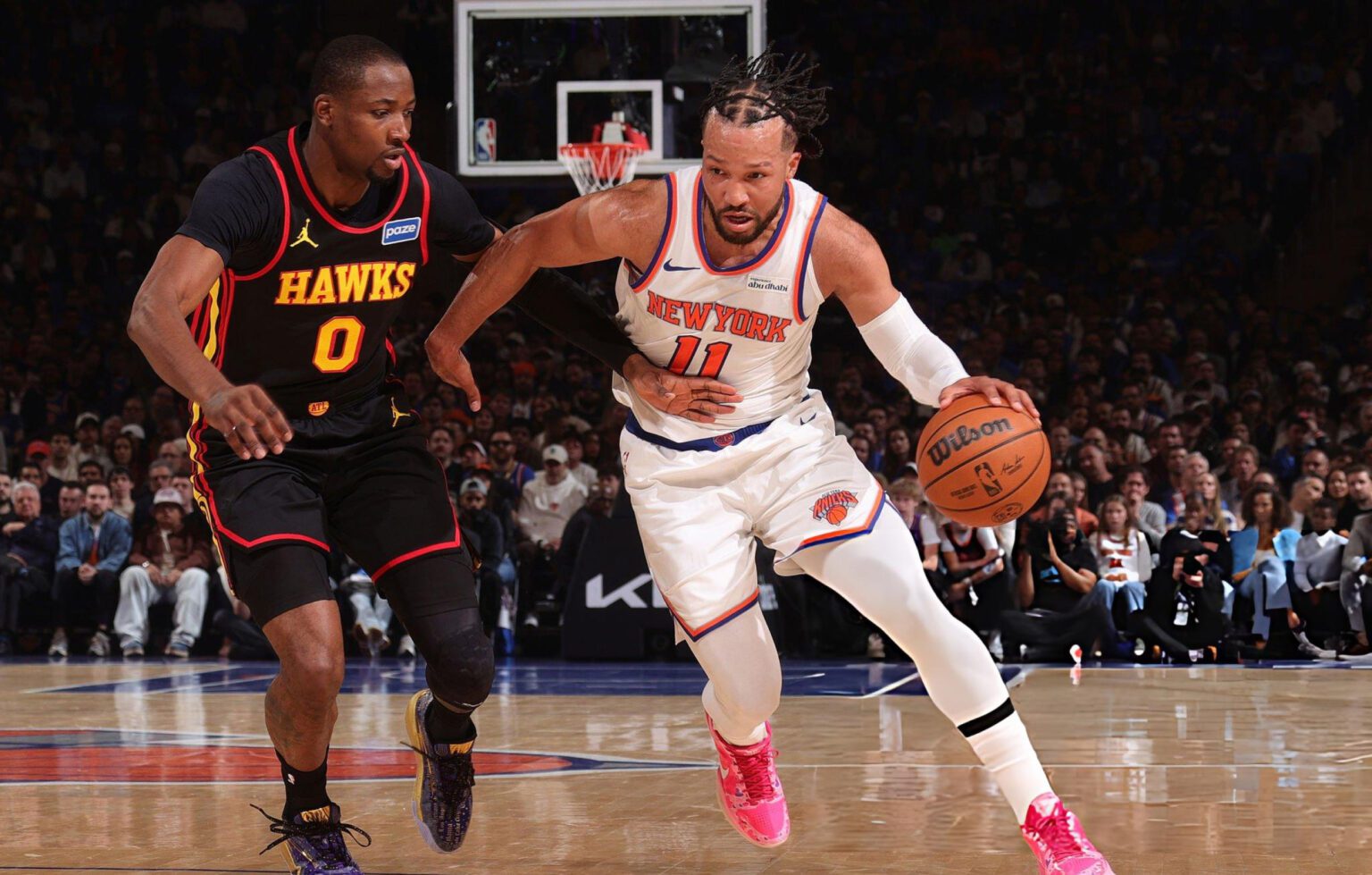 NEW YORK, NY - APRIL 18: Jalen Brunson #11 of the New York Knicks dribbles the ball during the game against the Atlanta Hawks during Round One Game One of the 2026 NBA Playoffs on April 18, 2026 at Madison Square Garden in New York City, New York. Photo by Nathaniel S. Butler/NBAE via Getty Images