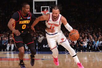 NEW YORK, NY - APRIL 18: Jalen Brunson #11 of the New York Knicks dribbles the ball during the game against the Atlanta Hawks during Round One Game One of the 2026 NBA Playoffs on April 18, 2026 at Madison Square Garden in New York City, New York. Photo by Nathaniel S. Butler/NBAE via Getty Images