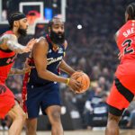 CLEVELAND, OHIO - APRIL 18: Brandon Ingram #3 of the Toronto Raptors defends James Harden #1 of the Cleveland Cavaliers during the first quarter of Game One of the Eastern Conference First Round NBA Playoffs at Rocket Arena on April 18, 2026 in Cleveland, Ohio. (Photo by Jason Miller/Getty Images)