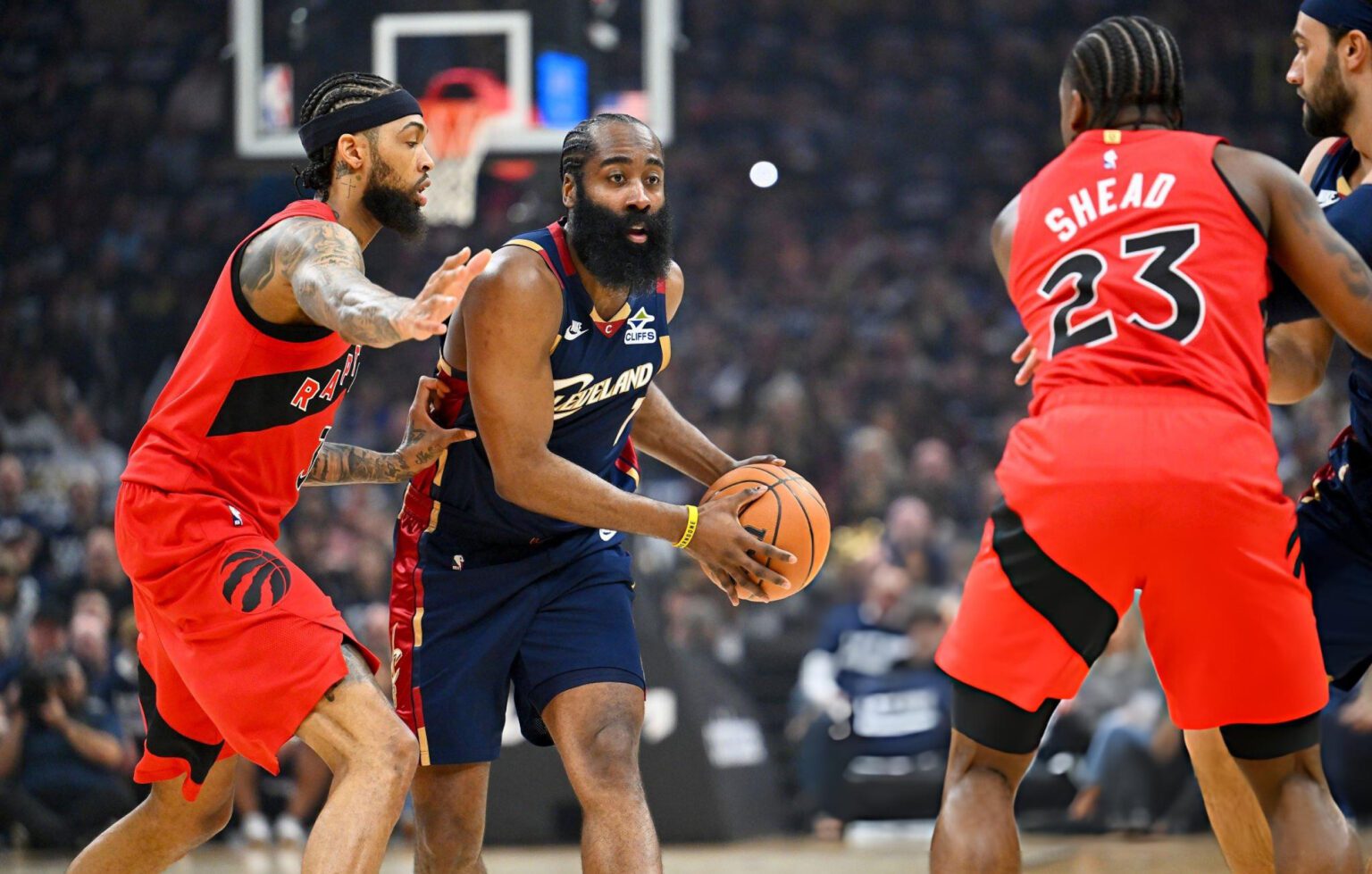 CLEVELAND, OHIO - APRIL 18: Brandon Ingram #3 of the Toronto Raptors defends James Harden #1 of the Cleveland Cavaliers during the first quarter of Game One of the Eastern Conference First Round NBA Playoffs at Rocket Arena on April 18, 2026 in Cleveland, Ohio. (Photo by Jason Miller/Getty Images)