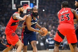 CLEVELAND, OHIO - APRIL 18: Brandon Ingram #3 of the Toronto Raptors defends James Harden #1 of the Cleveland Cavaliers during the first quarter of Game One of the Eastern Conference First Round NBA Playoffs at Rocket Arena on April 18, 2026 in Cleveland, Ohio. (Photo by Jason Miller/Getty Images)