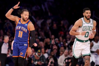New York Knicks guard Jalen Brunson (11) celebrates his three point shot against Boston Celtics forward Jayson Tatum