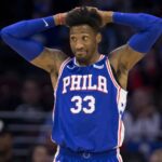 Robert Covington reacts during a Philadelphia 76ers game.