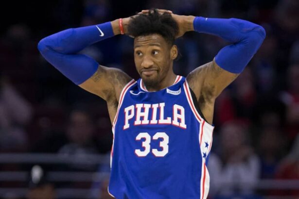 Robert Covington reacts during a Philadelphia 76ers game.